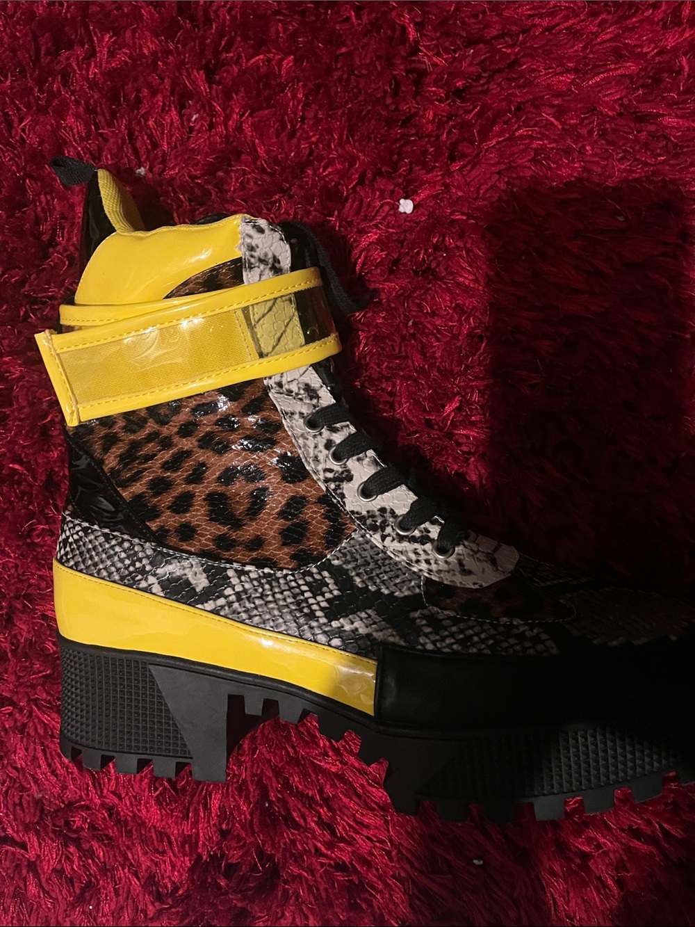 Yellow Multi-Print Combat Boot with Chunky Lug Sole